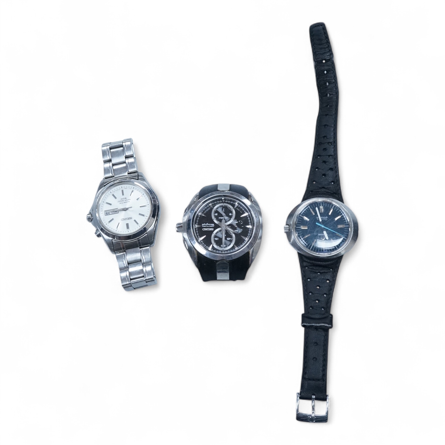 A gentleman's 1970's stainless steel Omega Dynamic manual wind wrist watch, with blue dial and baton numerals, case diameter 40mm, on a leather strap wit Omega buckle, together with a gentleman's Seiko Kinetic and a simi